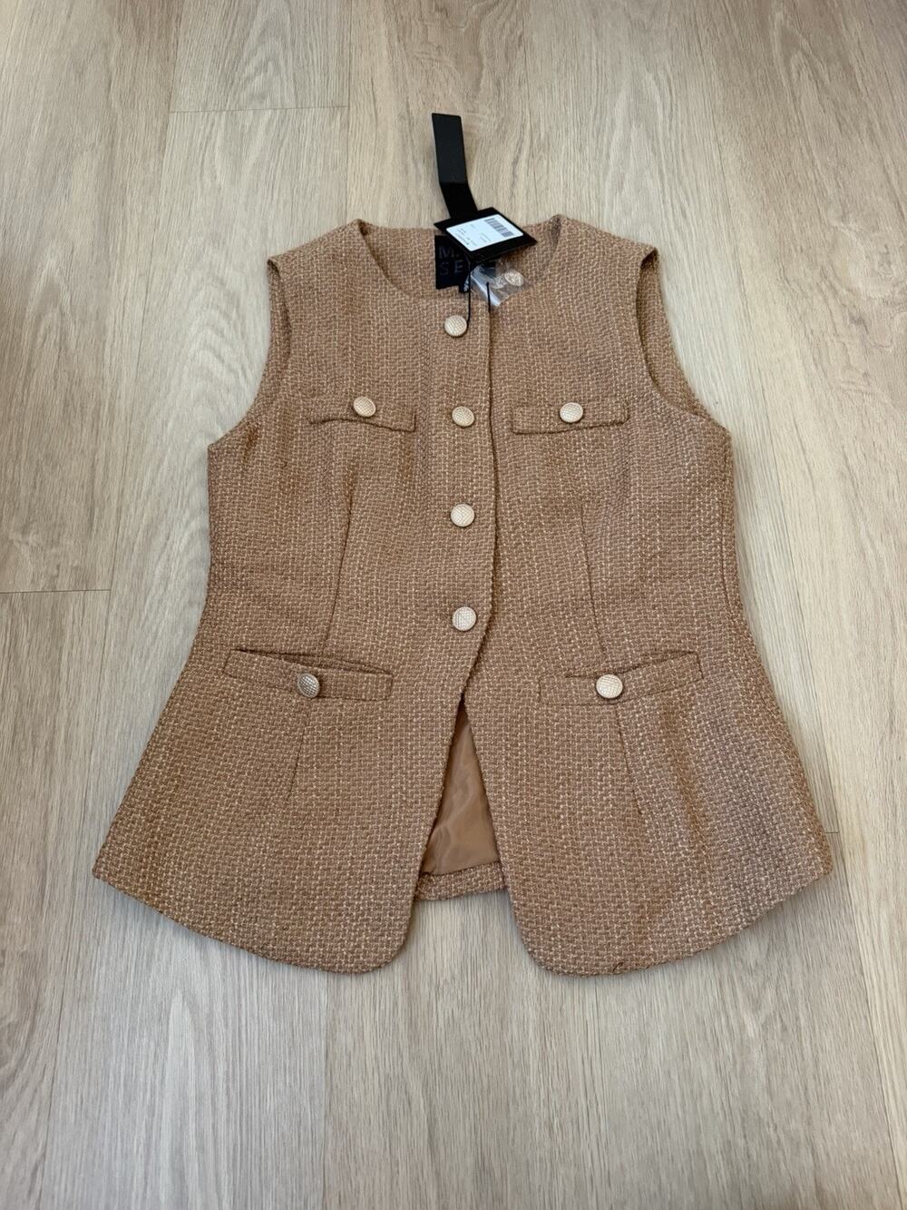 MINA SELF Womens Brown tan Tweed Sleeveless Blazer Small